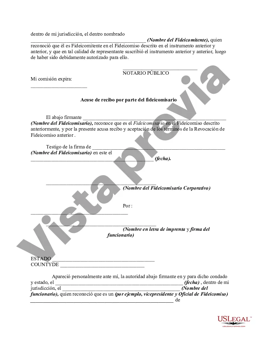 Get Revocación de fideicomiso y acuse de recibo de notificación de revocación por parte del fideicomisario Preview Revocación de fideicomiso y acuse de recibo de notificación de revocación por parte del fideicomisario