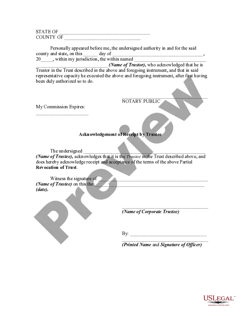 Preview Partial Revocation of Trust and Acknowledgment of Receipt of Notice of Partial Revocation by Trustee