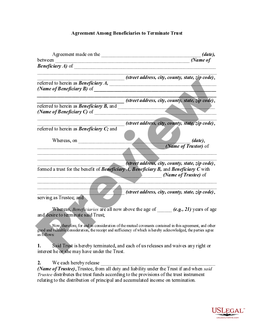 Agreement Among Beneficiaries to Terminate Trust Terminate Trust US