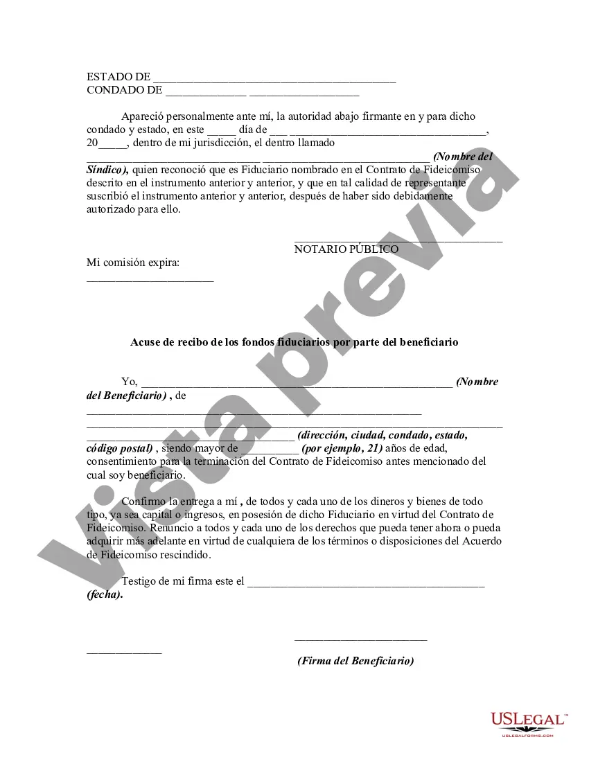 Get Terminación del fideicomiso por parte del fideicomisario y acuse de recibo de los fondos fiduciarios por parte del beneficiario Preview Terminación del fideicomiso por parte del fideicomisario y acuse de recibo de los fondos fiduciarios por parte del beneficiario