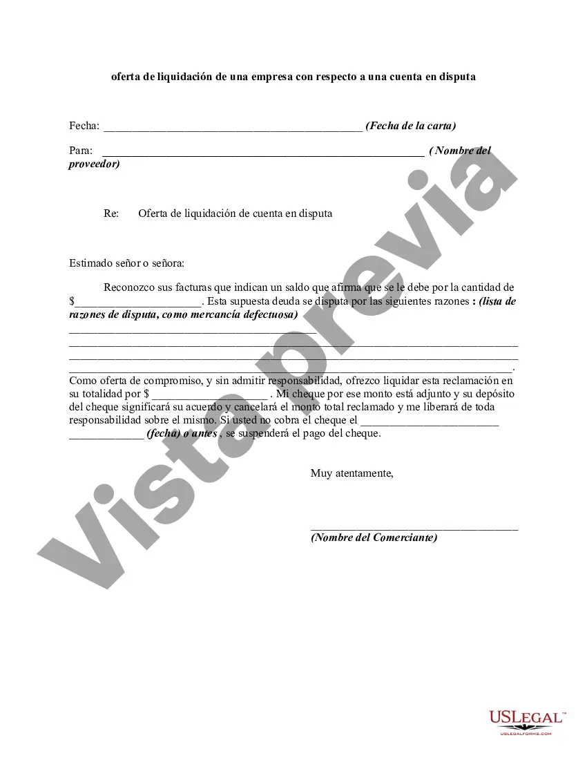 Preview Carta de oferta de liquidación de una empresa con respecto a una cuenta en disputa