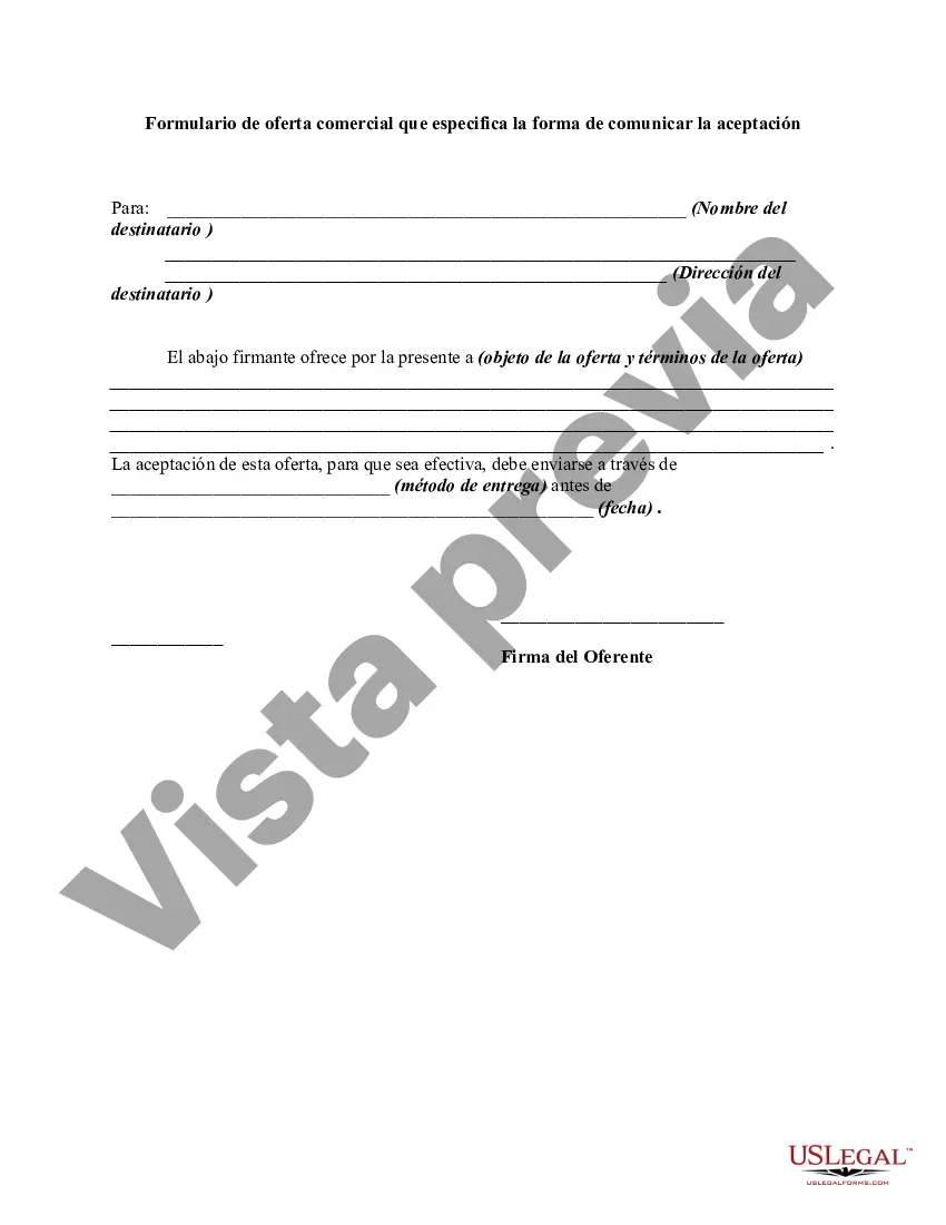 Preview Formulario de oferta comercial que especifica la forma de comunicar la aceptación