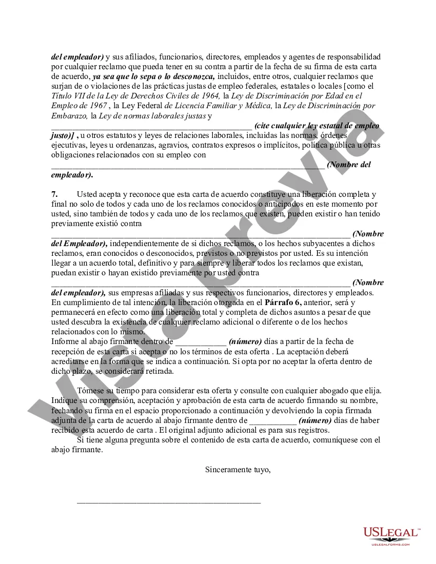 Preview Acuerdo de Liberación en Forma de Carta del Empleador por Supuestas Violaciones de los Estatutos de Prácticas Justas de Empleo con Formulario para la Aceptación del Empleado al Terminar el Trabajo o Empleo