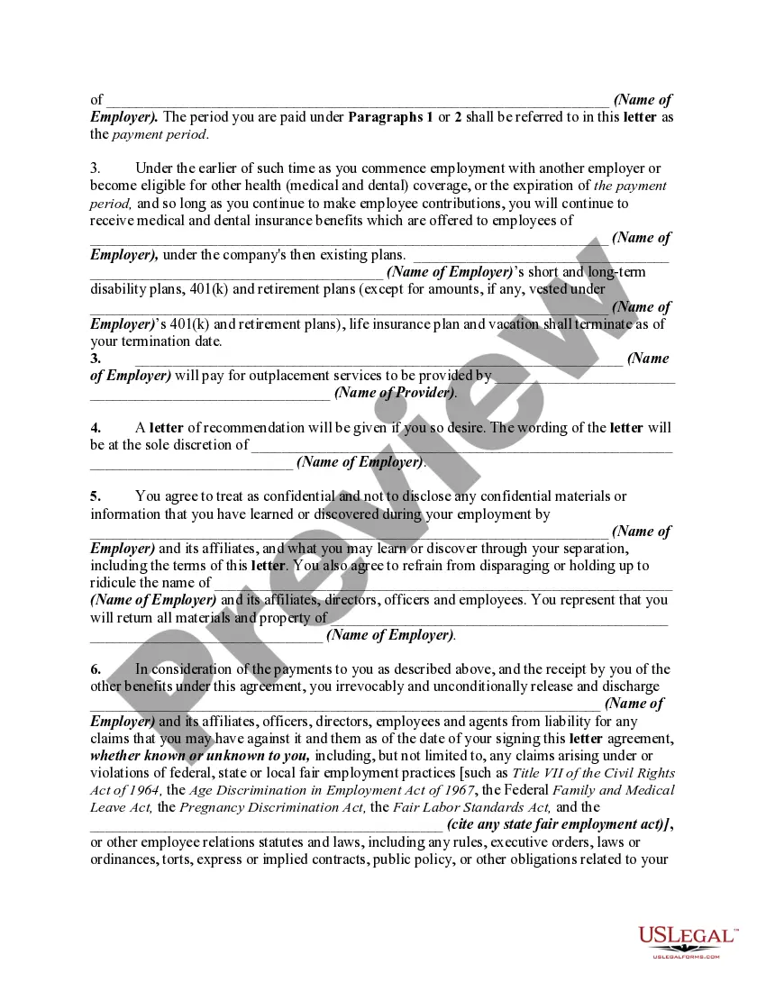 Get Release Agreement in Letter Form of Employer By Employee for Alleged Violations of Fair Employment Practices Statutes with Form for Employee's Acceptance upon Termination of Job or Employment Preview Release Agreement in Letter Form of Employer By Employee for Alleged Violations of Fair Employment Practices Statutes with Form for Employee's Acceptance upon Termination of Job or Employment