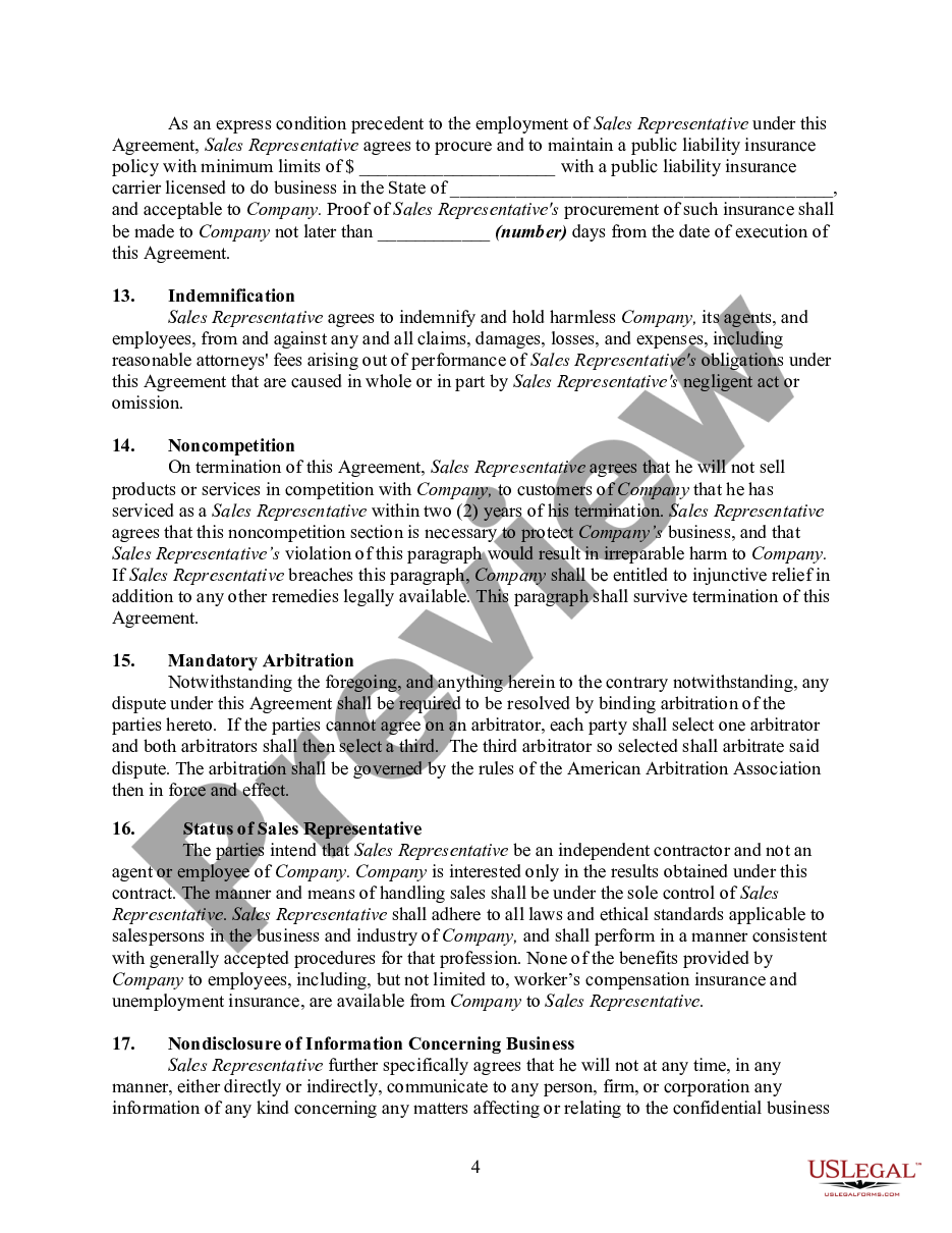 page 3 Agreement between Service Company and Independent Sales Representative preview
