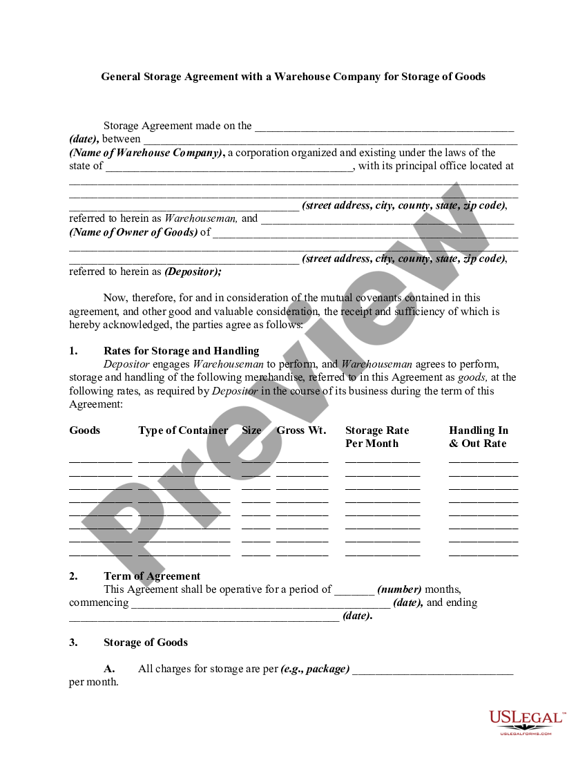 San Bernardino California General Storage Agreement With A Warehouse   1 