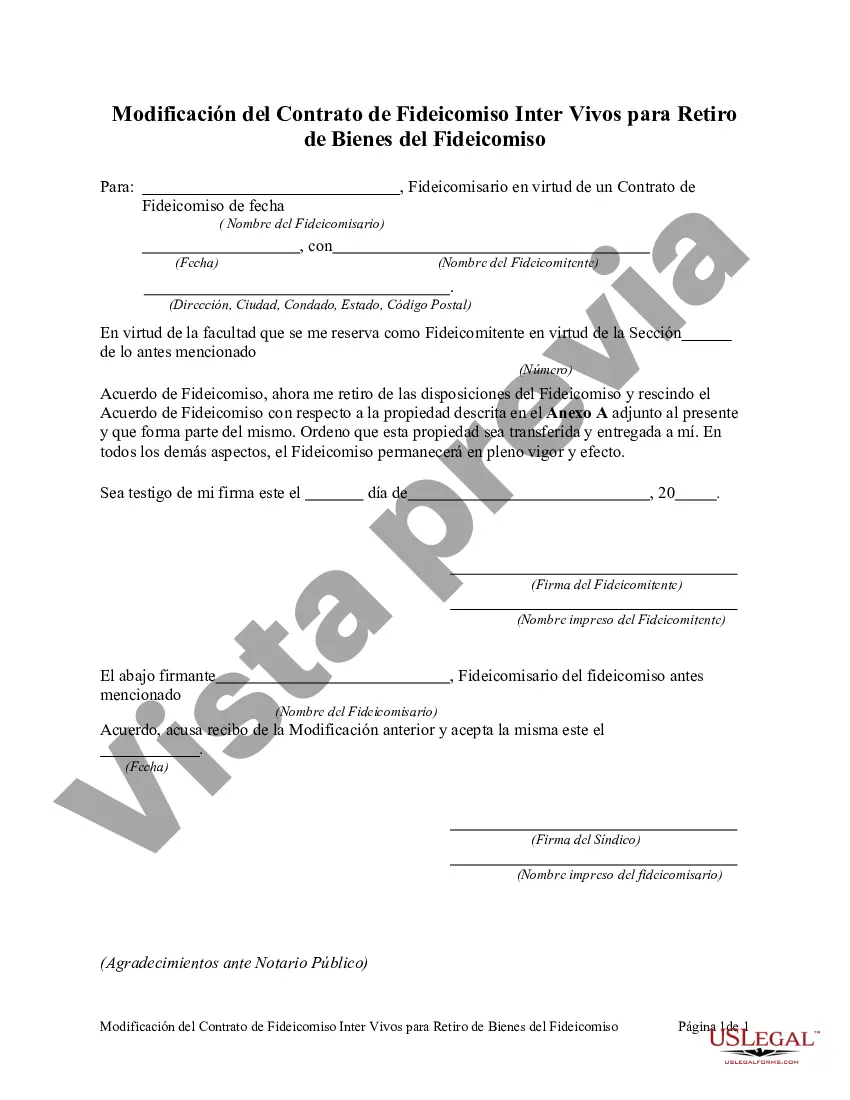 Preview Modificación del Contrato de Fideicomiso Inter Vivos para Retiro de Bienes del Fideicomiso