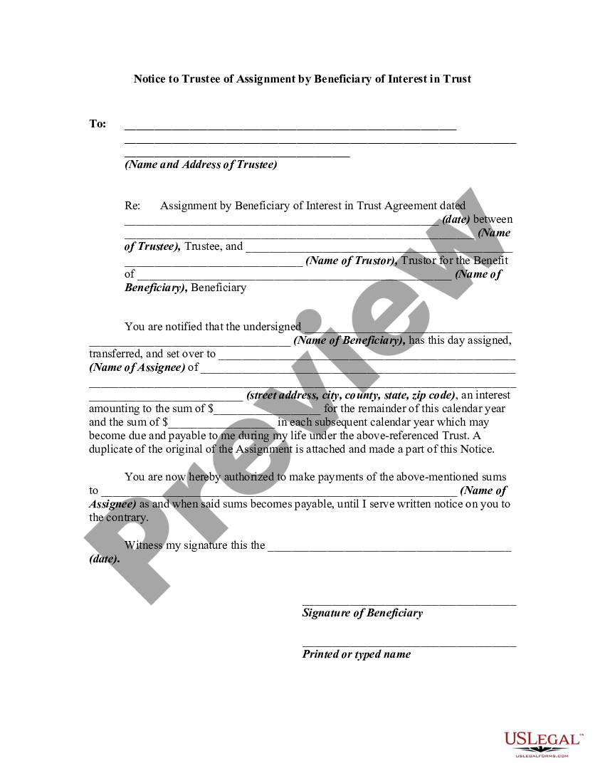 Missouri Notice to Trustee of Assignment by Beneficiary of Interest in ...