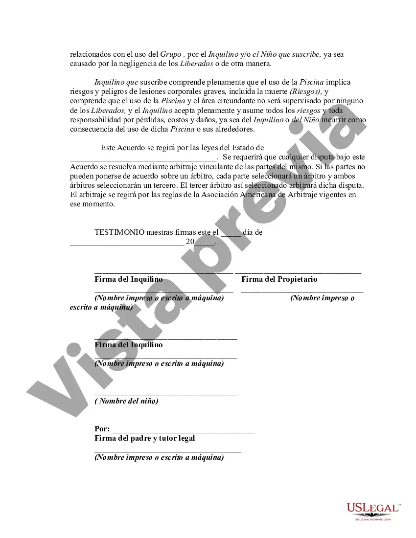 Preview Liberación del arrendador, exención de responsabilidad y asunción de todos los riesgos de lesiones corporales personales con respecto al uso de la piscina ubicada en la propiedad del arrendador en el complejo de apartamentos: el arrendatario tiene un hijo o hijos