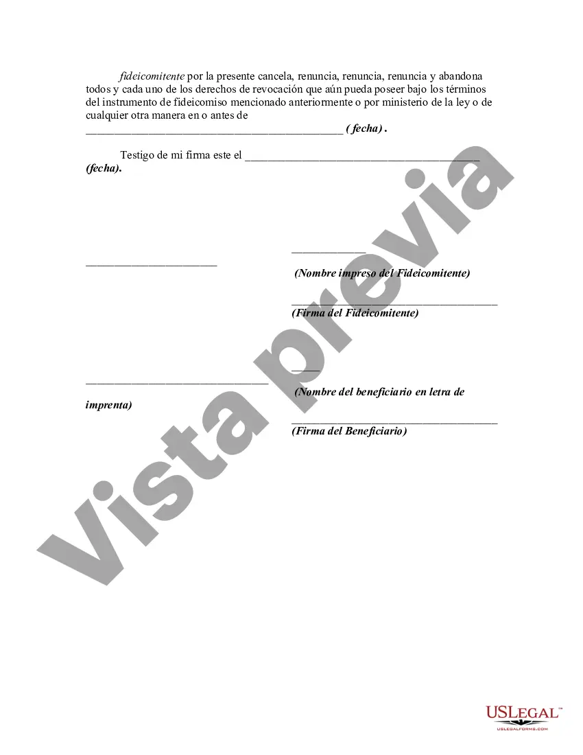 Get Establecimiento de la fecha de terminación y liberación por parte del fideicomitente del derecho a revocar el fideicomiso antes de la fecha de terminación Preview Establecimiento de la fecha de terminación y liberación por parte del fideicomitente del derecho a revocar el fideicomiso antes de la fecha de terminación