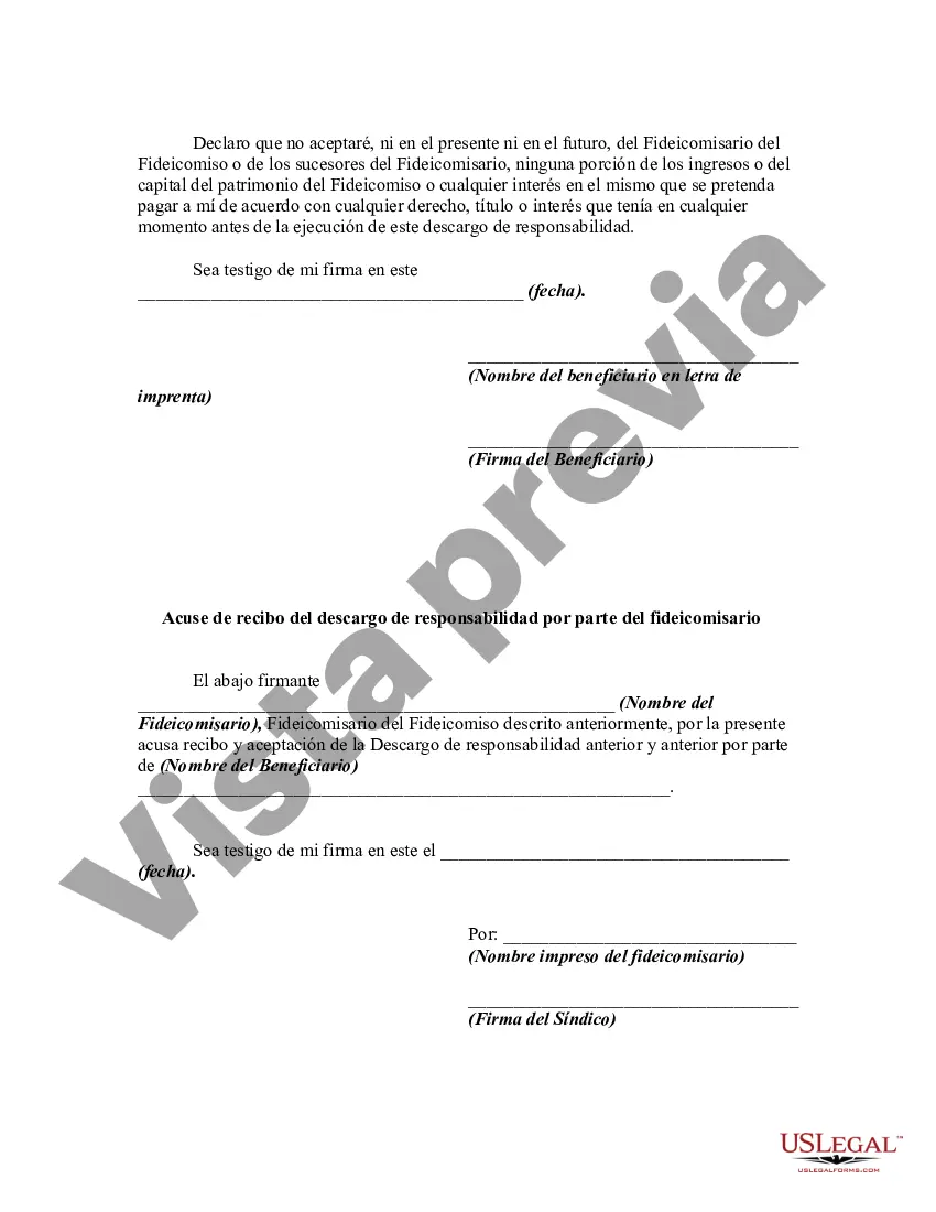 Preview Descargo de responsabilidad por parte del beneficiario de todos los derechos en virtud del fideicomiso y aceptación del descargo de responsabilidad por parte del fideicomisario