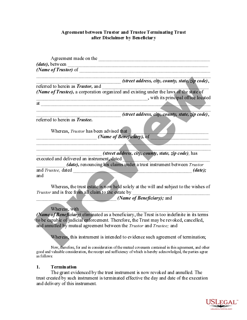 Agreement between Trustor and Trustee Terminating Trust after