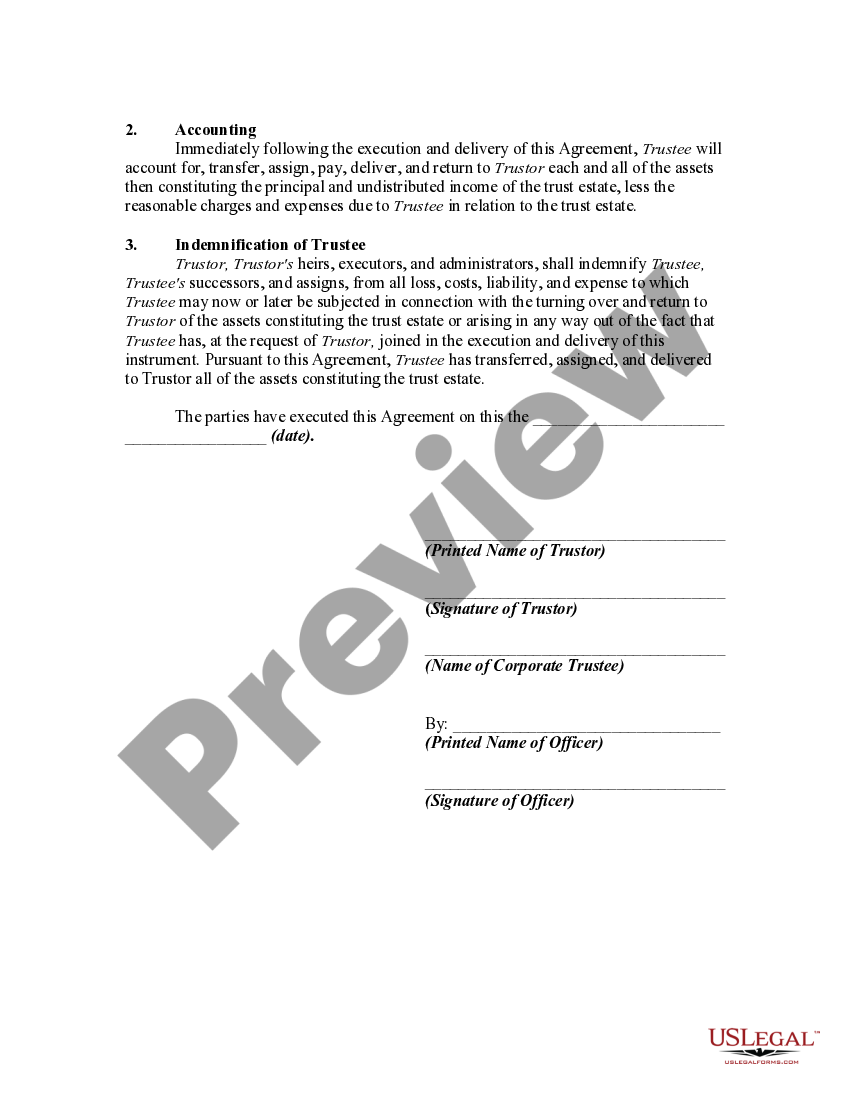 Agreement between Trustor and Trustee Terminating Trust after