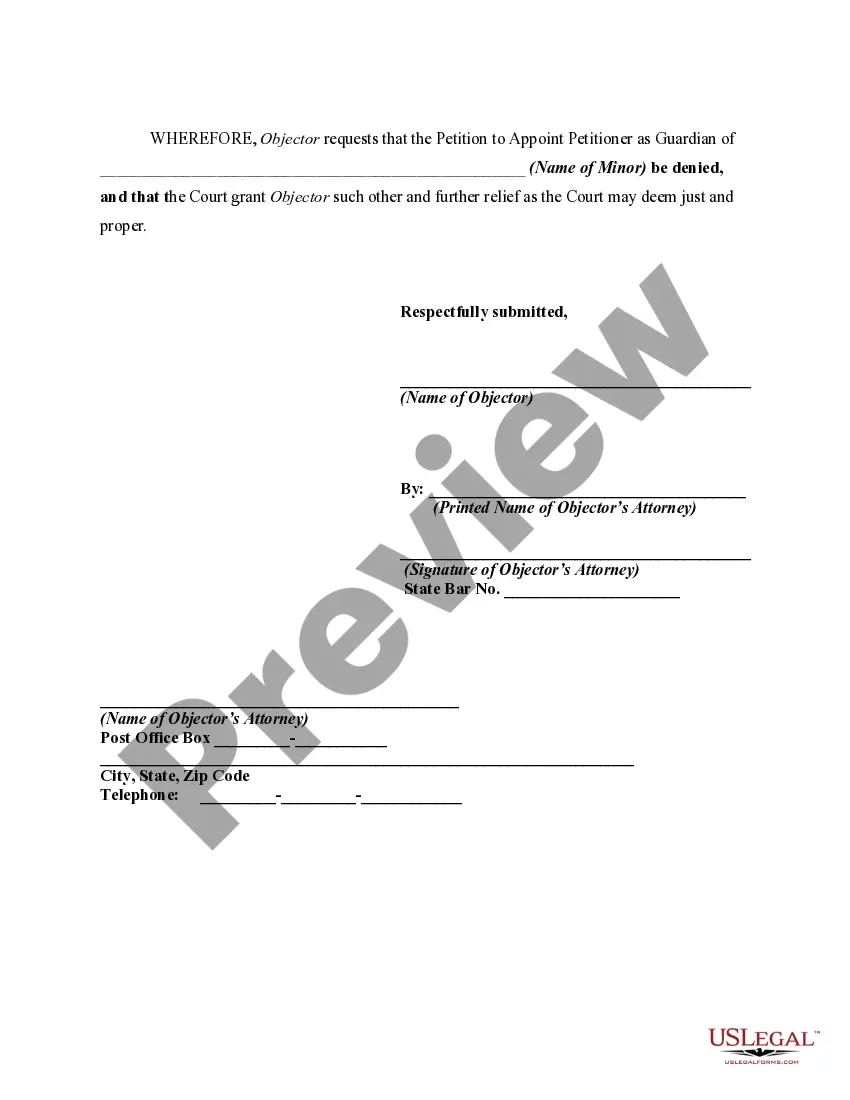 Preview Objection to Appointment of Petitioner as Legal Guardian for a Minor
