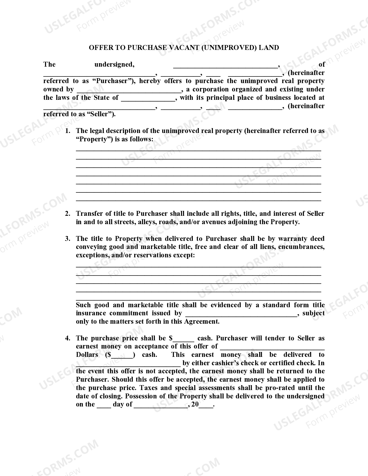 Offer to Purchase Vacant Unimproved Land Vacant Land Real Estate US