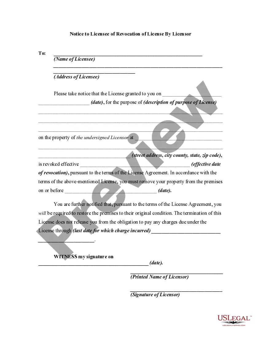 Get Notice to Licensee of Revocation of License By Licensor Preview Notice to Licensee of Revocation of License By Licensor