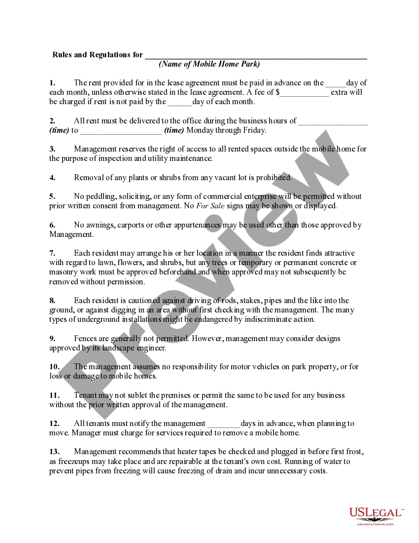 Sample Rules and Regulations for a Mobile Home Park US Legal Forms