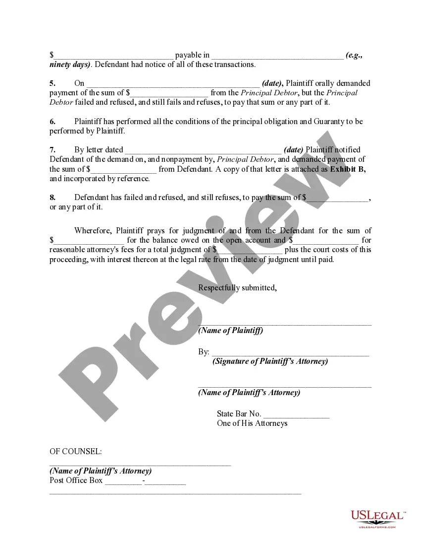Get Complaint Against Guarantor of Open Account Credit Transactions - Breach of Oral or Implied Contracts Preview Complaint Against Guarantor of Open Account Credit Transactions - Breach of Oral or Implied Contracts