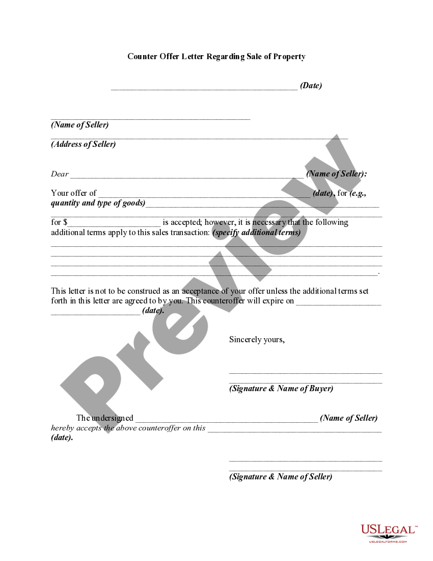 Counter Offer Letter Regarding Sale of Property Offer Counter US