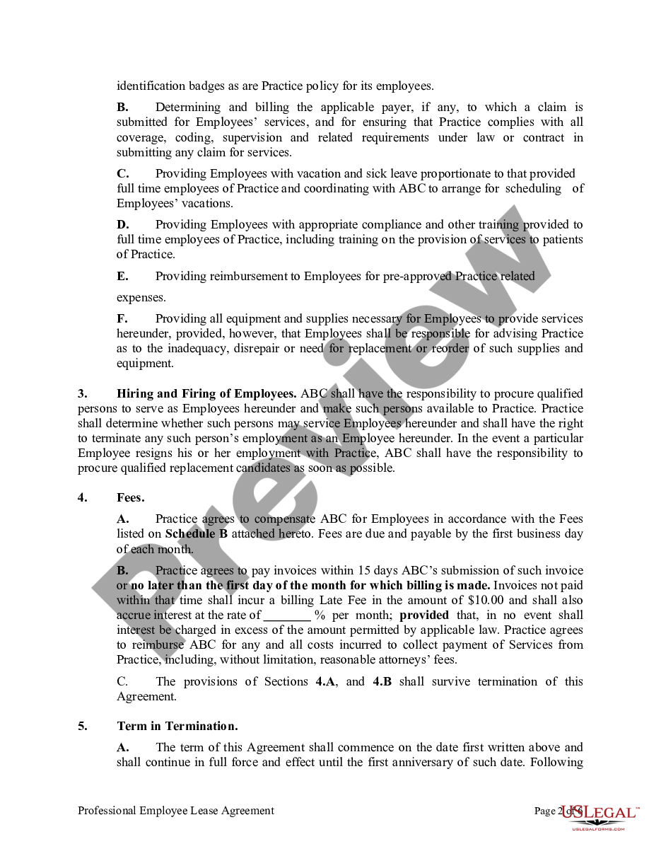 page 1 Professional Employee Lease Agreement preview