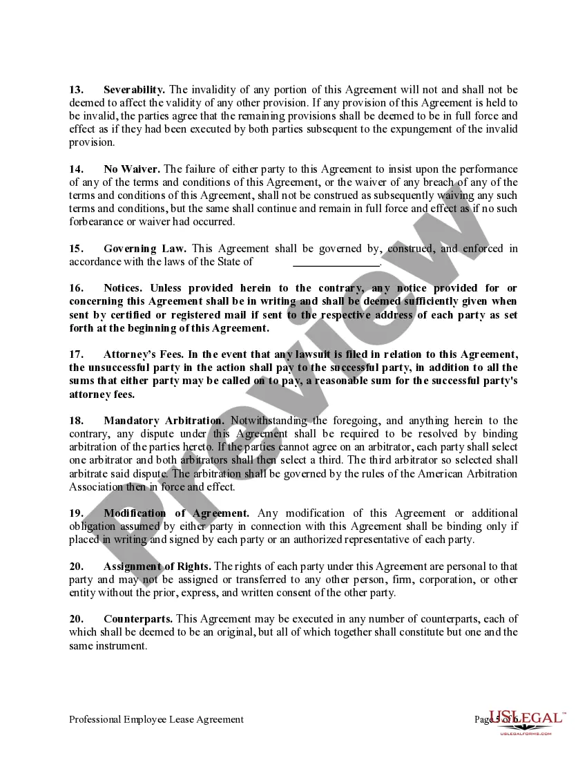 Preview Professional Employee Lease Agreement