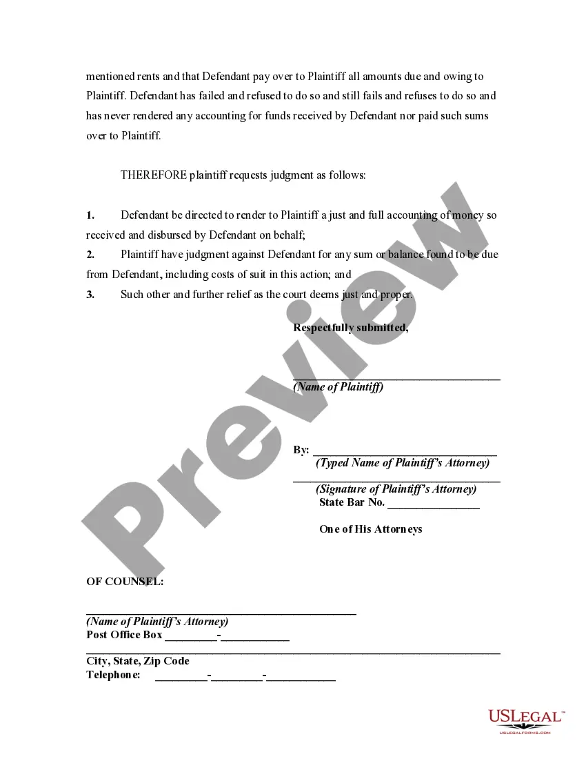 Get Complaint by Owner of Real Estate for Accounting and Payment of Amount Due from Property Manager Preview Complaint by Owner of Real Estate for Accounting and Payment of Amount Due from Property Manager