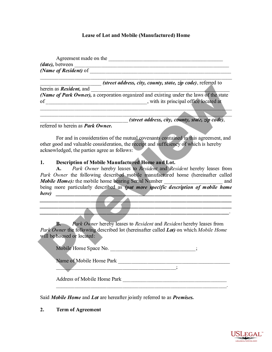 page 0 Lease or Rental of Lot and Mobile Manufactured Home preview