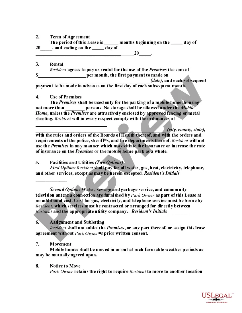 Preview Lease or Rental of Lot and Mobile Manufactured Home
