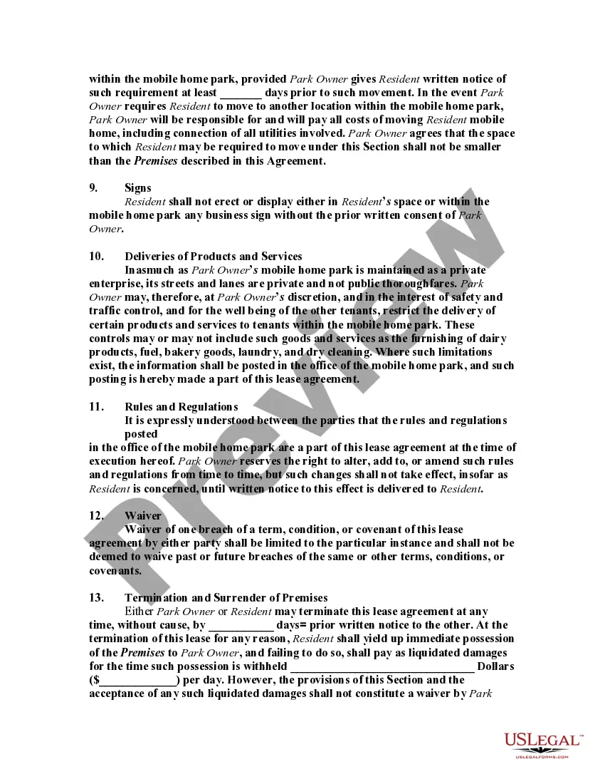 Preview Lease or Rental of Lot and Mobile Manufactured Home