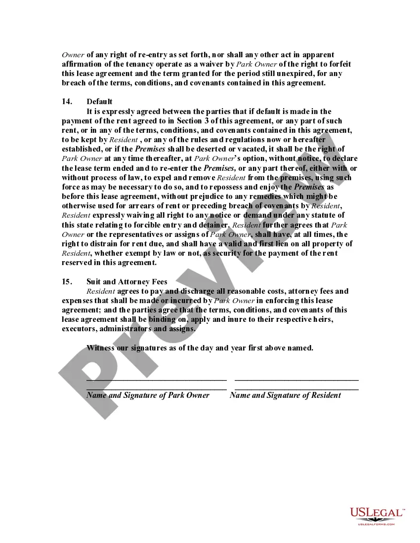 Preview Lease or Rental of Lot and Mobile Manufactured Home