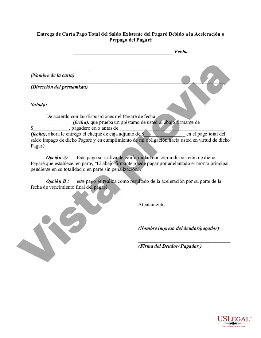 Preview Entrega de Carta Pago Total del Saldo Existente del Pagaré Debido a la Aceleración o Prepago del Pagaré