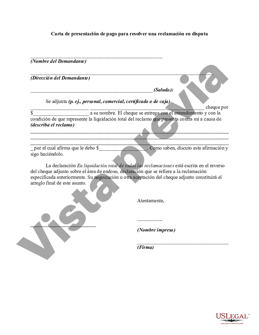Preview Carta de presentación de pago para resolver una reclamación en disputa