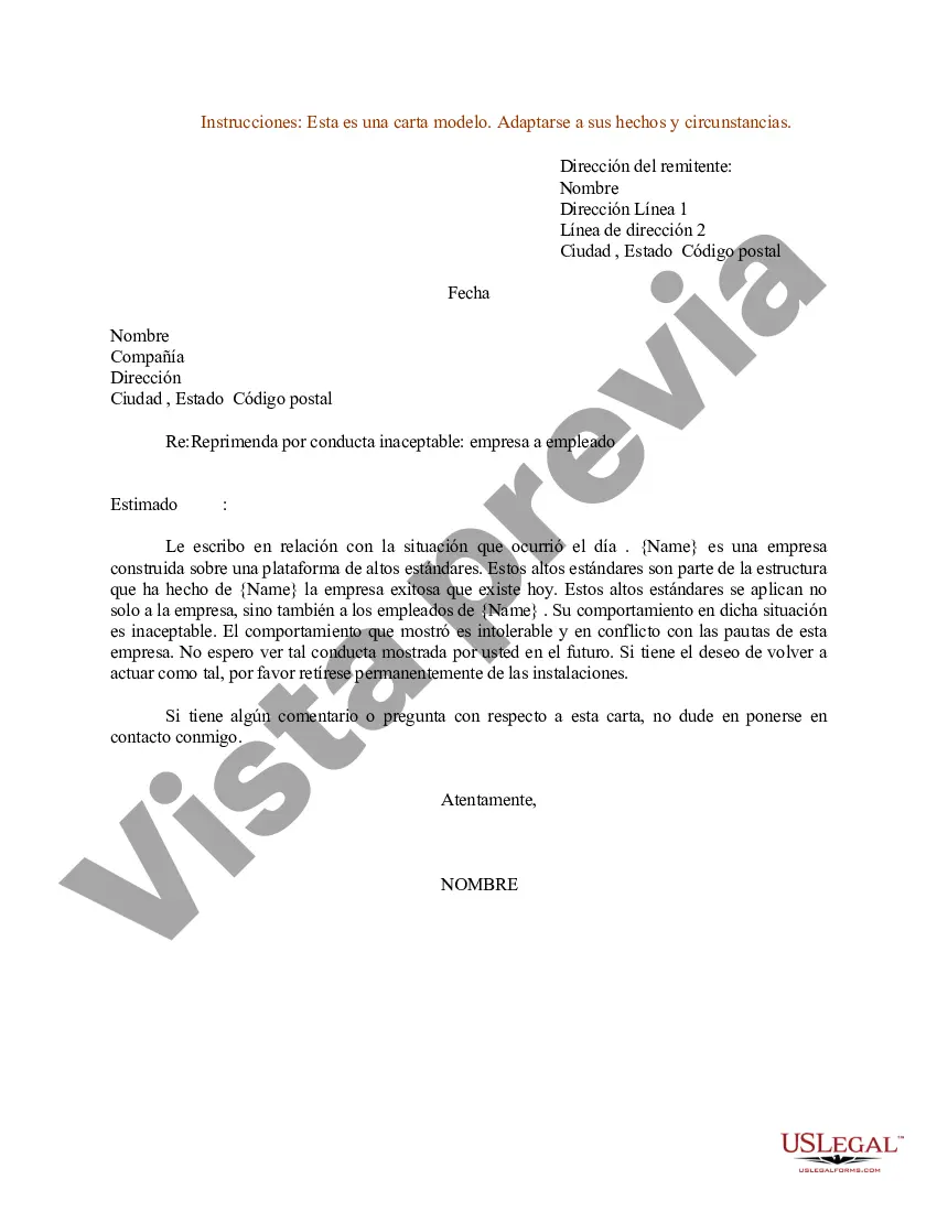 Preview Ejemplo de carta de amonestación por conducta inaceptable: empresa a empleado
