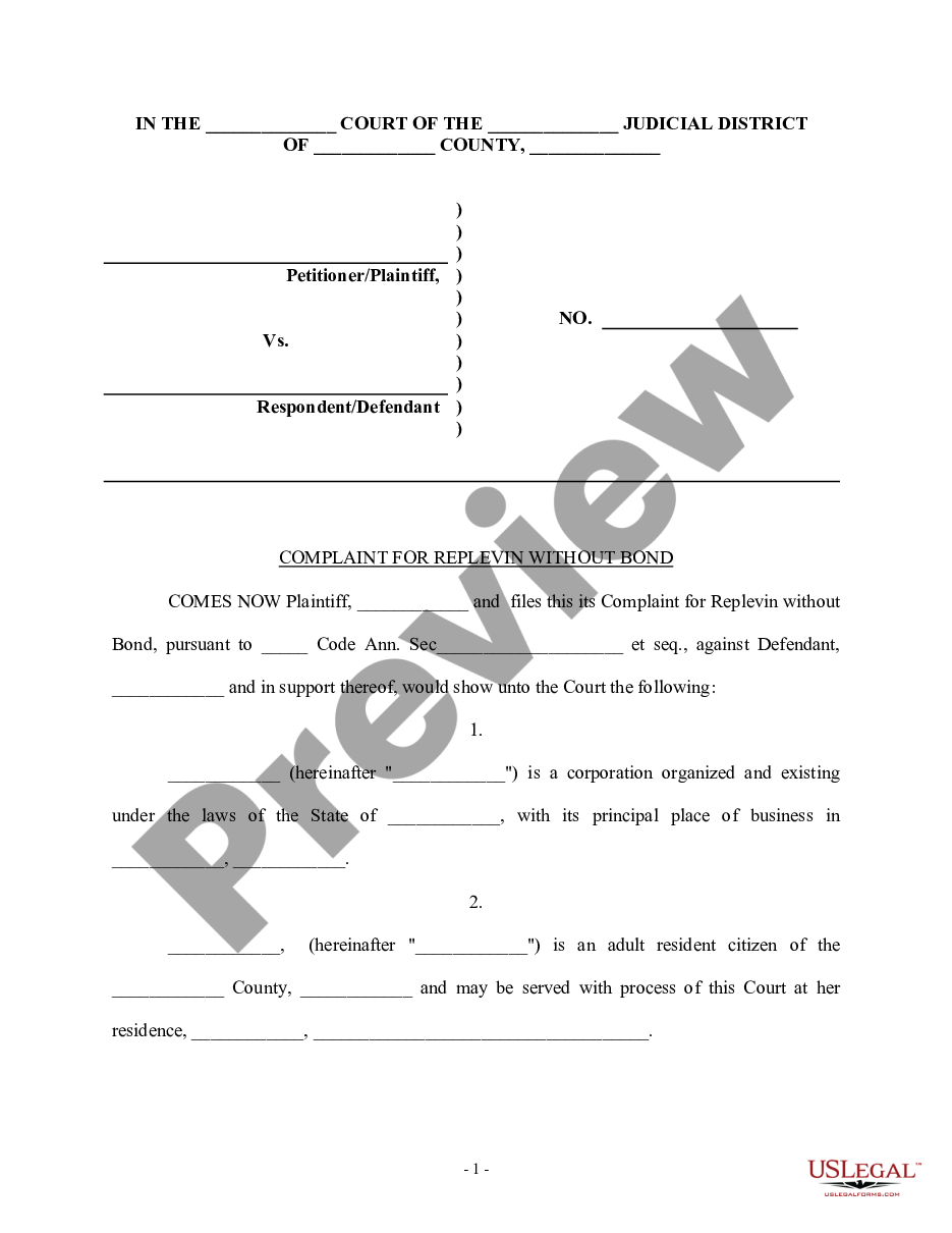 page 0 Complaint for Replevin or Repossession Without Bond and Agreed Order preview