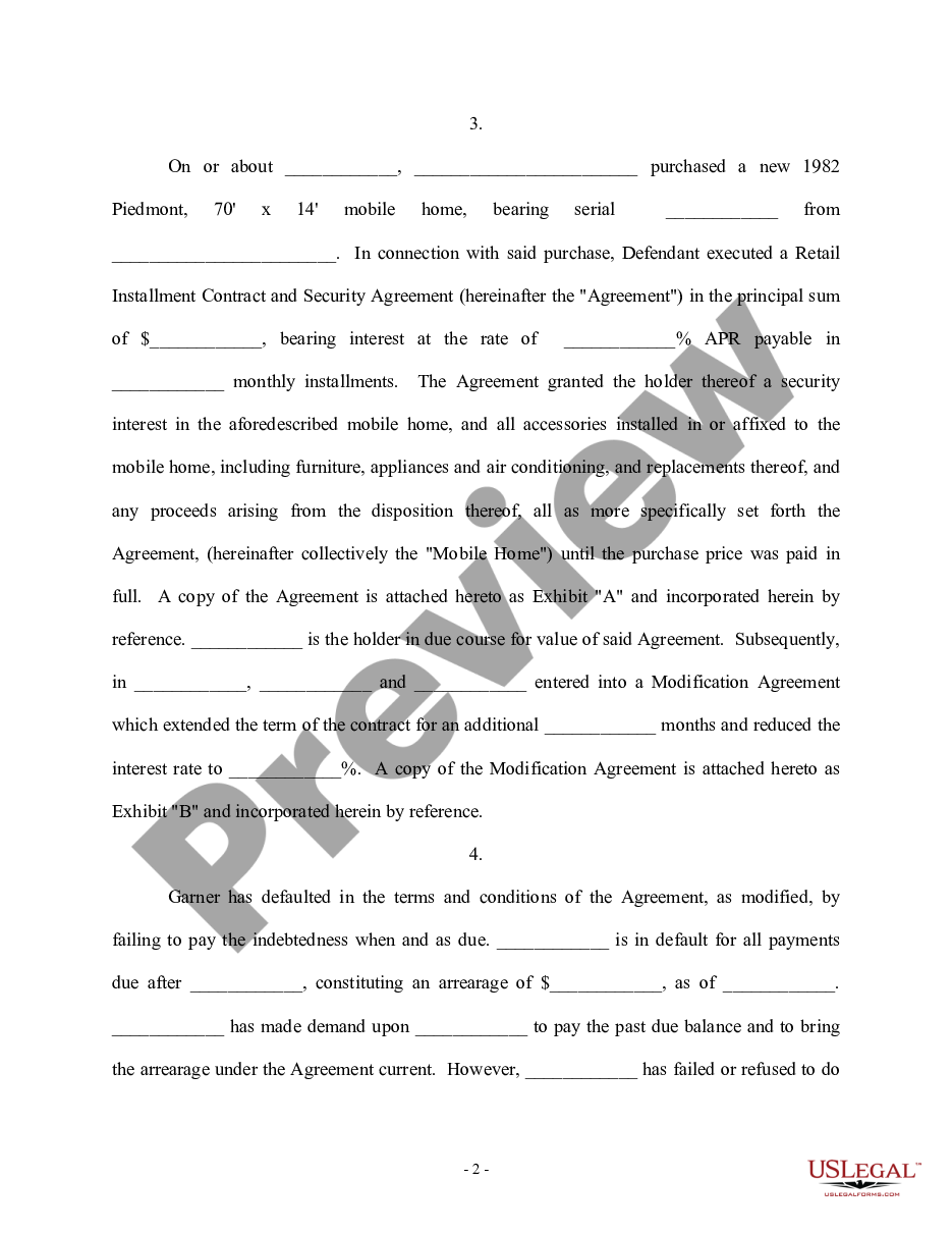 page 1 Complaint for Replevin or Repossession Without Bond and Agreed Order preview