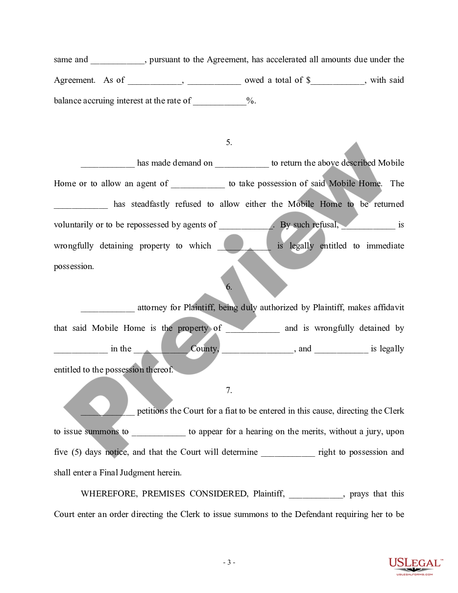 page 2 Complaint for Replevin or Repossession Without Bond and Agreed Order preview