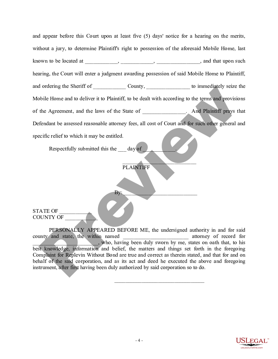 page 3 Complaint for Replevin or Repossession Without Bond and Agreed Order preview