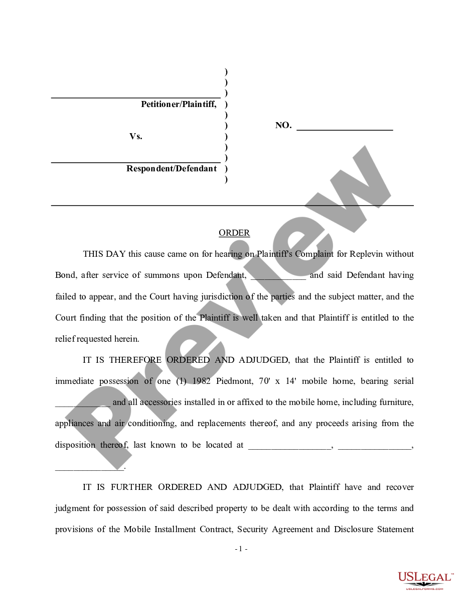 page 7 Complaint for Replevin or Repossession Without Bond and Agreed Order preview