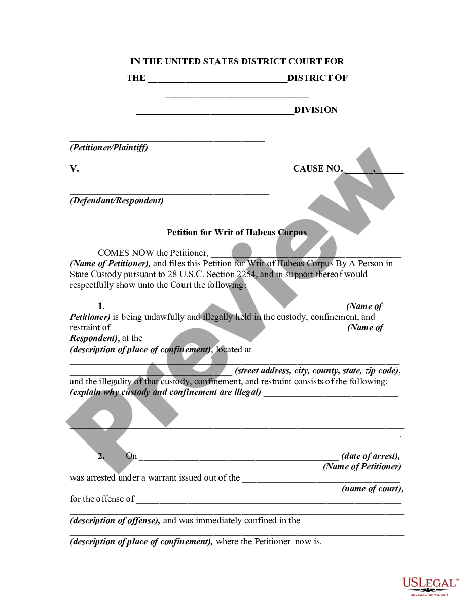 page 0 Petition or Application for Writ of Habeas Corpus on Behalf of Prisoner on the Grounds of Excessive Bail preview