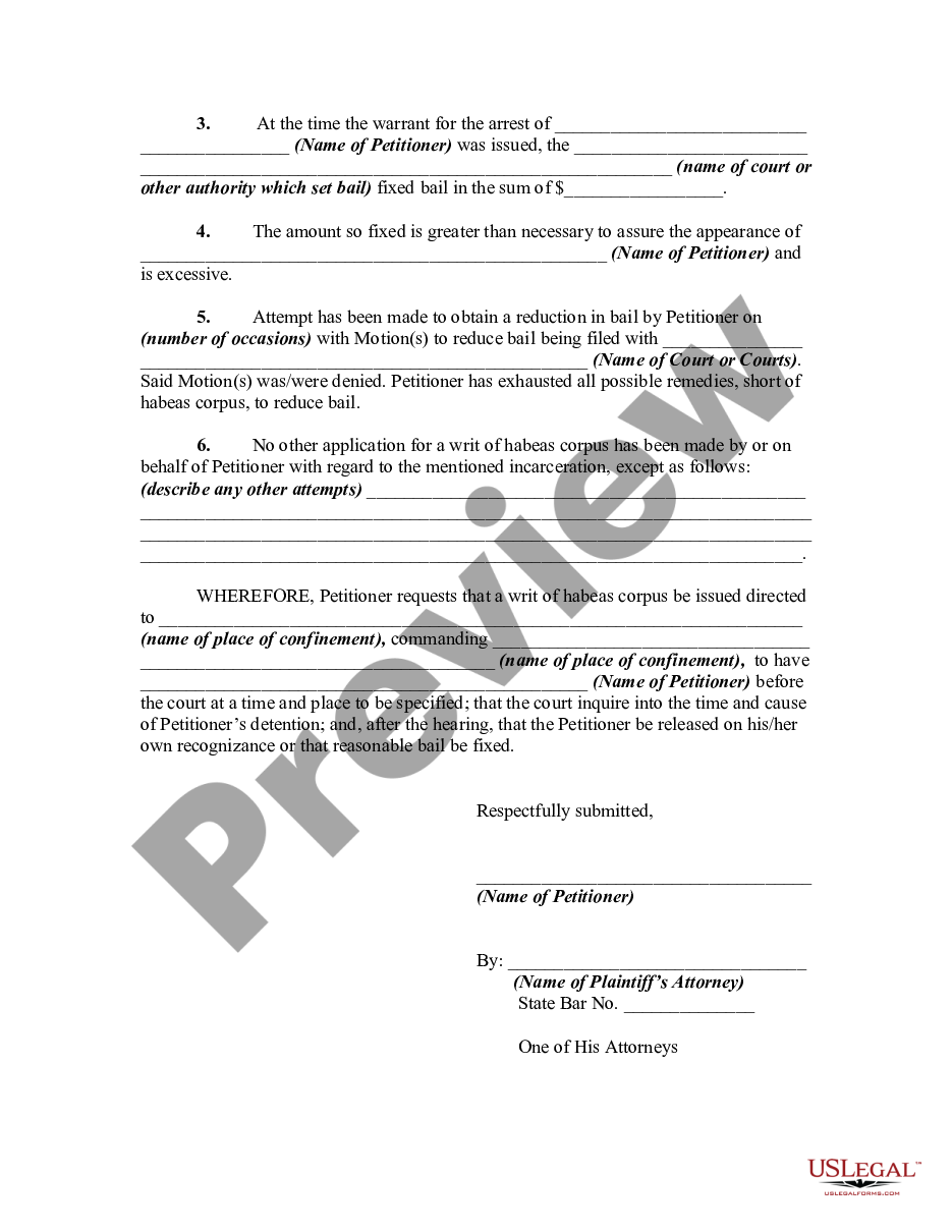 page 1 Petition or Application for Writ of Habeas Corpus on Behalf of Prisoner on the Grounds of Excessive Bail preview