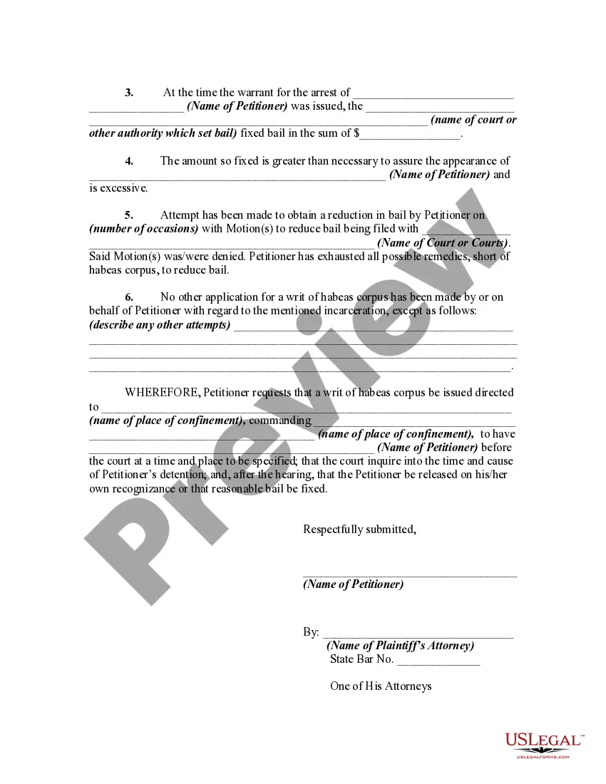 Broward Florida Petition or Application for Writ of Habeas Corpus 