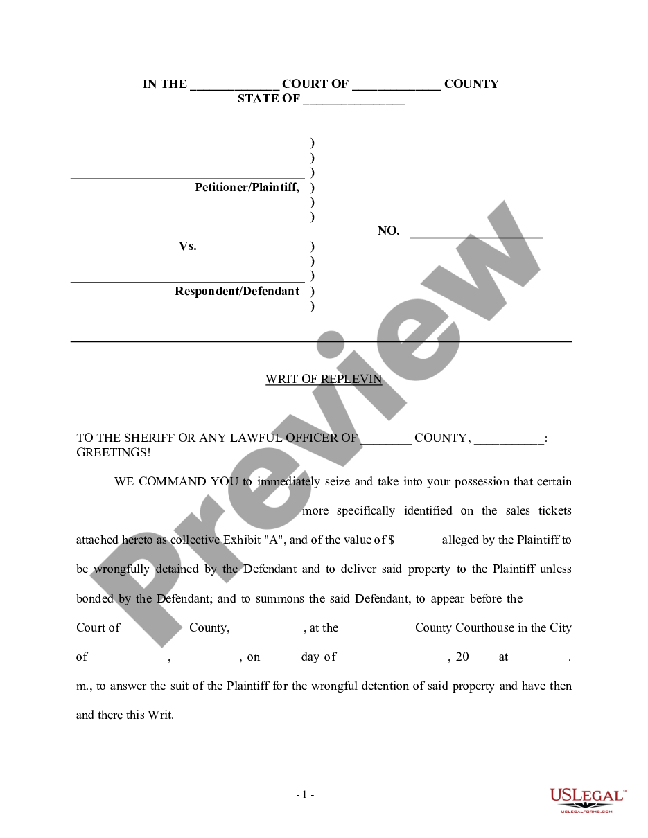 page 0 Writ of Replevin or Repossession preview