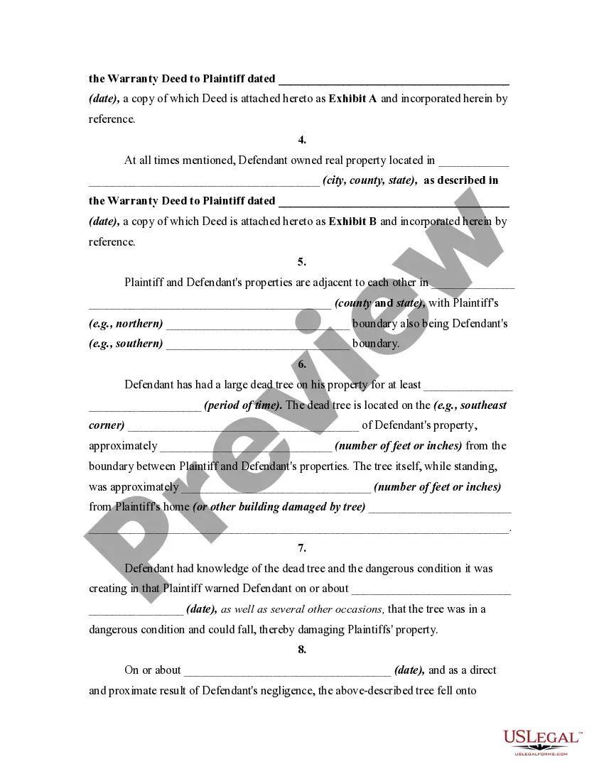 Preview Complaint Against Adjacent Landowner for Damages as a Result of Tree Falling on the Property of Plaintiff