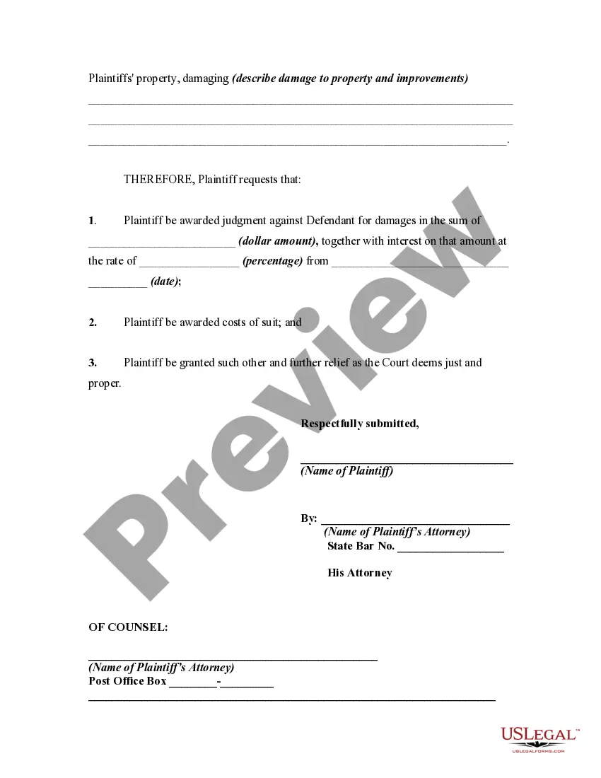 Preview Complaint Against Adjacent Landowner for Damages as a Result of Tree Falling on the Property of Plaintiff