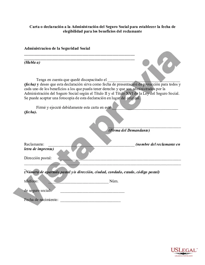 Preview Carta o declaración a la Administración del Seguro Social para establecer la fecha de elegibilidad para los beneficios del reclamante