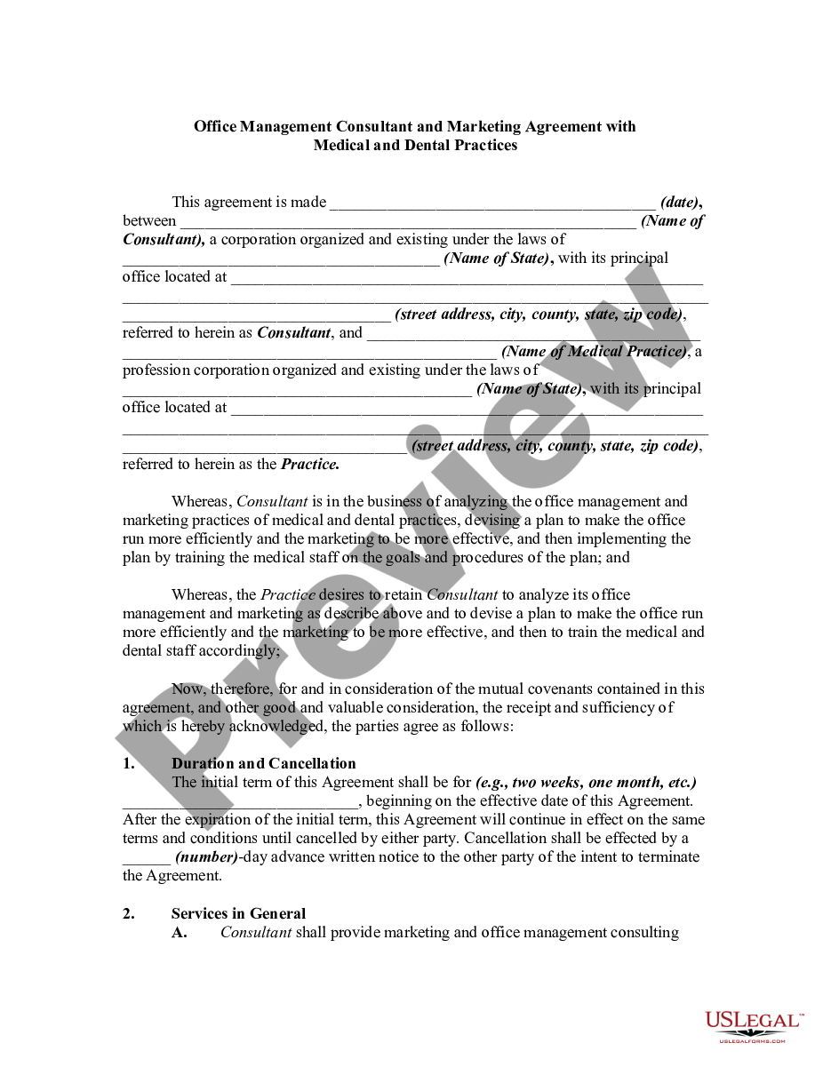 page 0 Office Management Consultant and Marketing Agreement with Medical and Dental Practices preview