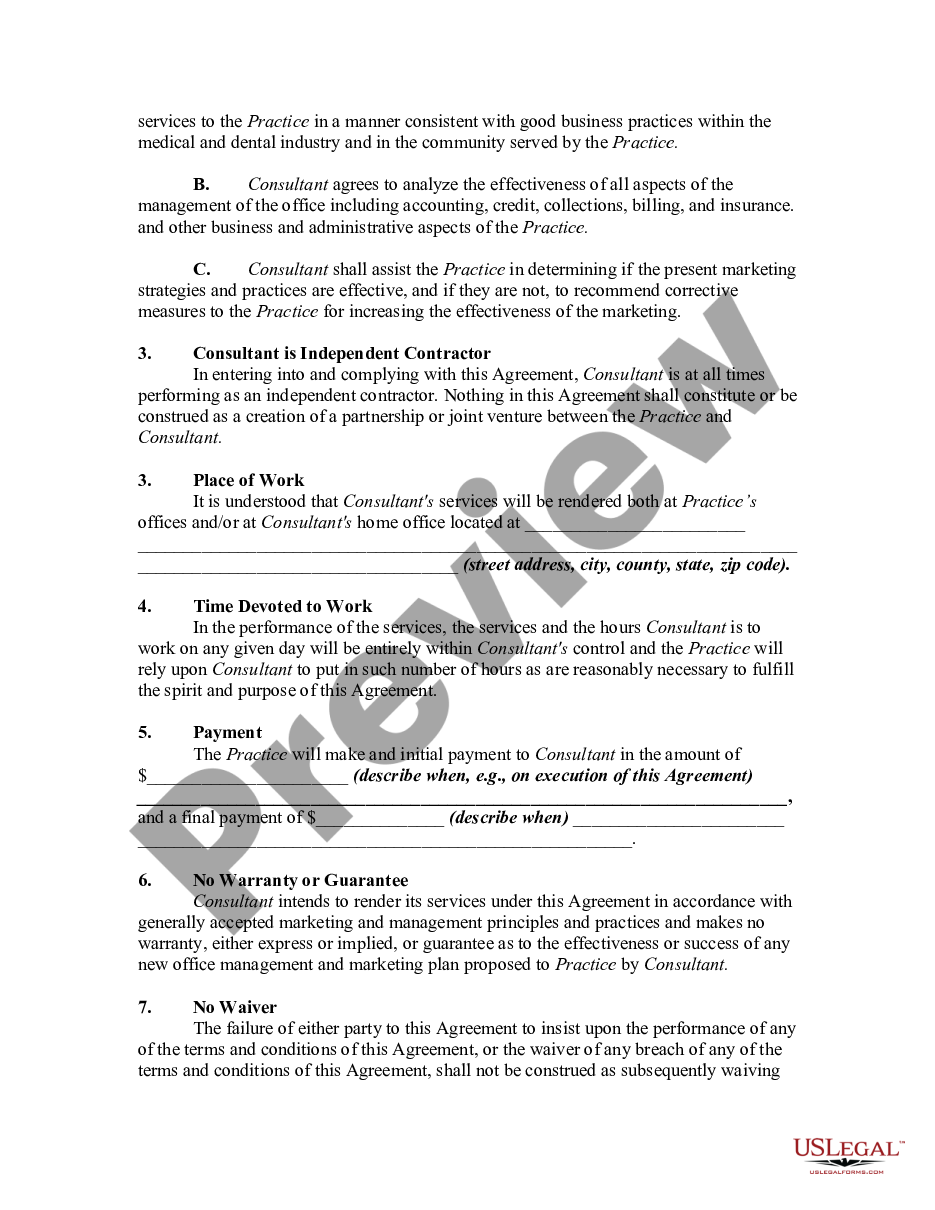 page 1 Office Management Consultant and Marketing Agreement with Medical and Dental Practices preview