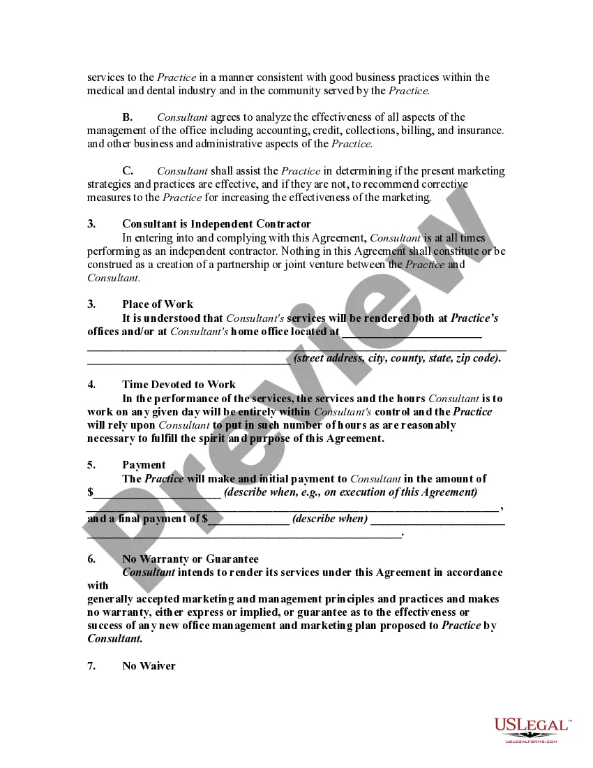 Preview Office Management Consultant and Marketing Agreement with Medical and Dental Practices