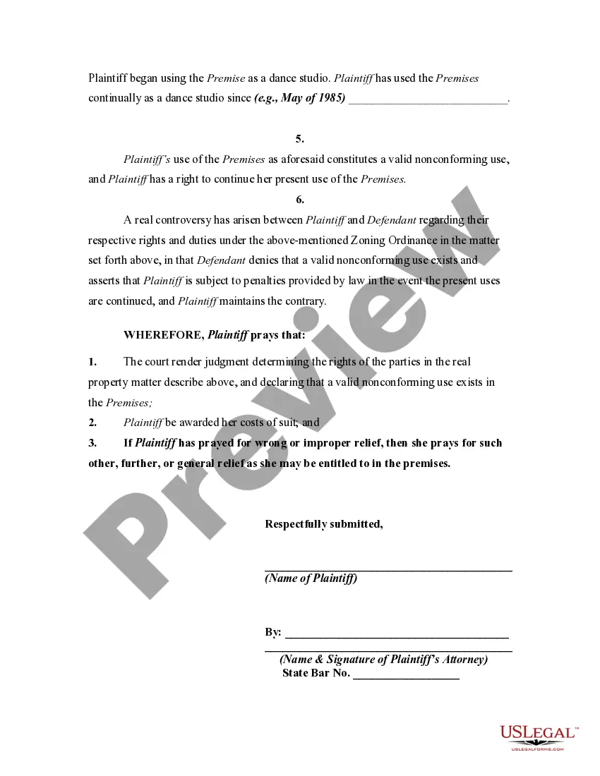 Get Complaint or Petition for Judgment Declaring a Nonconforming Use Preview Complaint or Petition for Judgment Declaring a Nonconforming Use