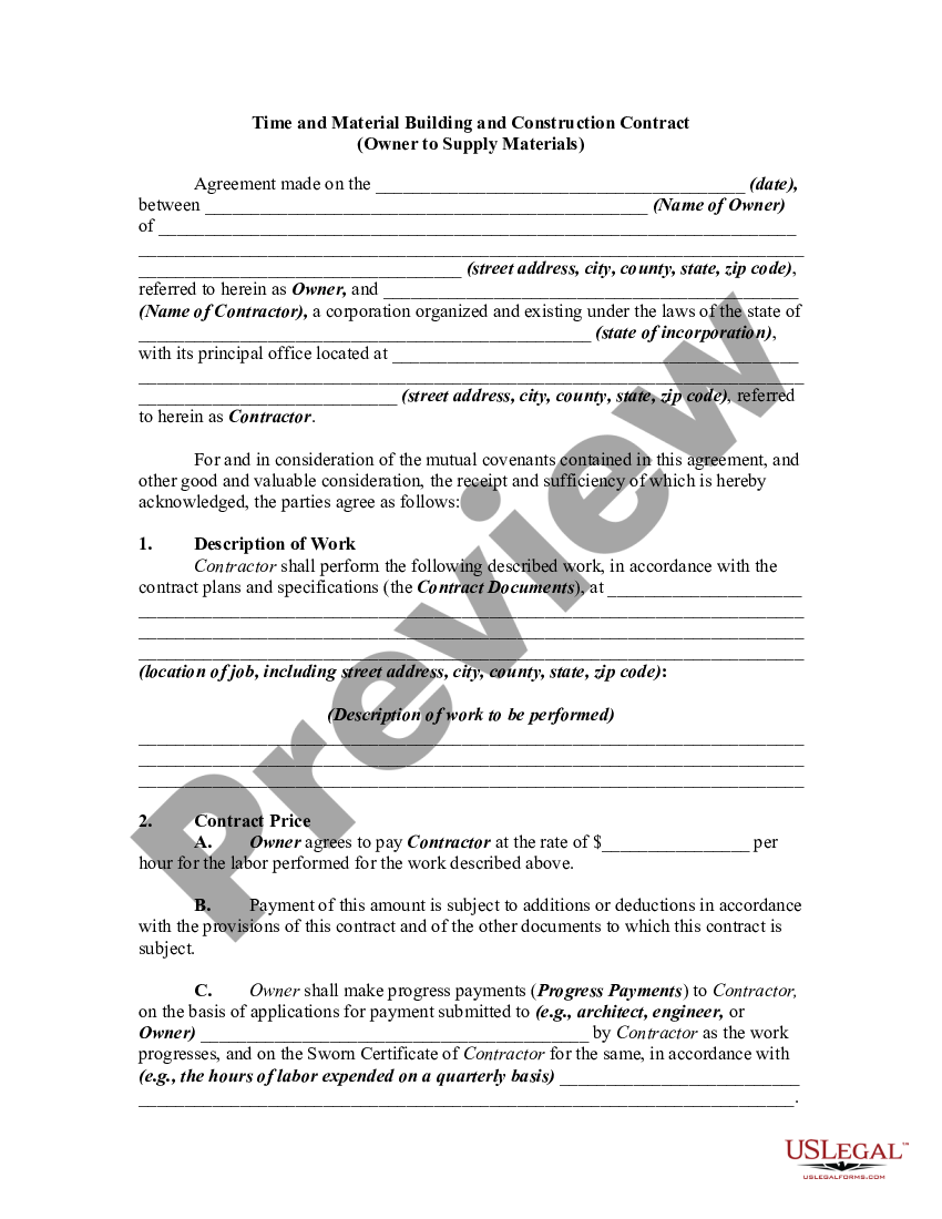 Time and Material Building and Construction Contract Time And